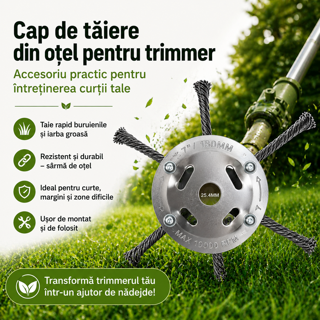 Cap de tăiere din oțel pentru motocoase pe benzină – 6 brațe, 18 cm, prindere 25,4 mm