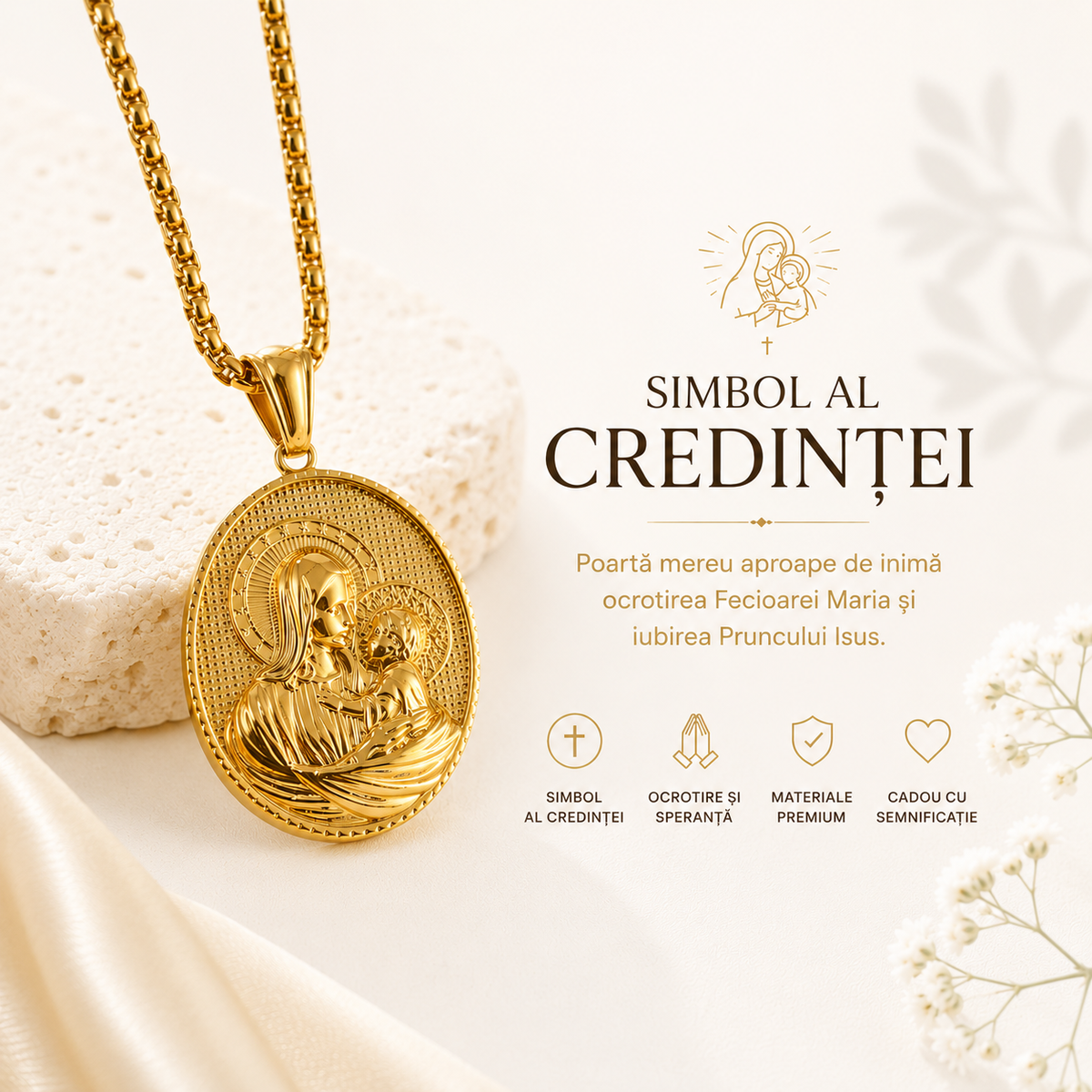 Lanț cu Fecioara Maria și Pruncul Iisus – Simbol al Credinței