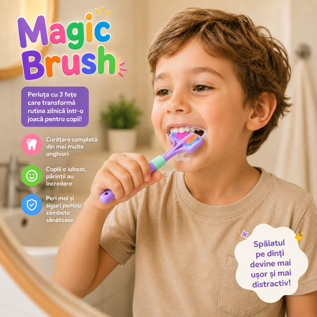 MagicBrush™ – Periuța cu 3 Fețe pentru Copii | Oferta 1+1 Gratuit