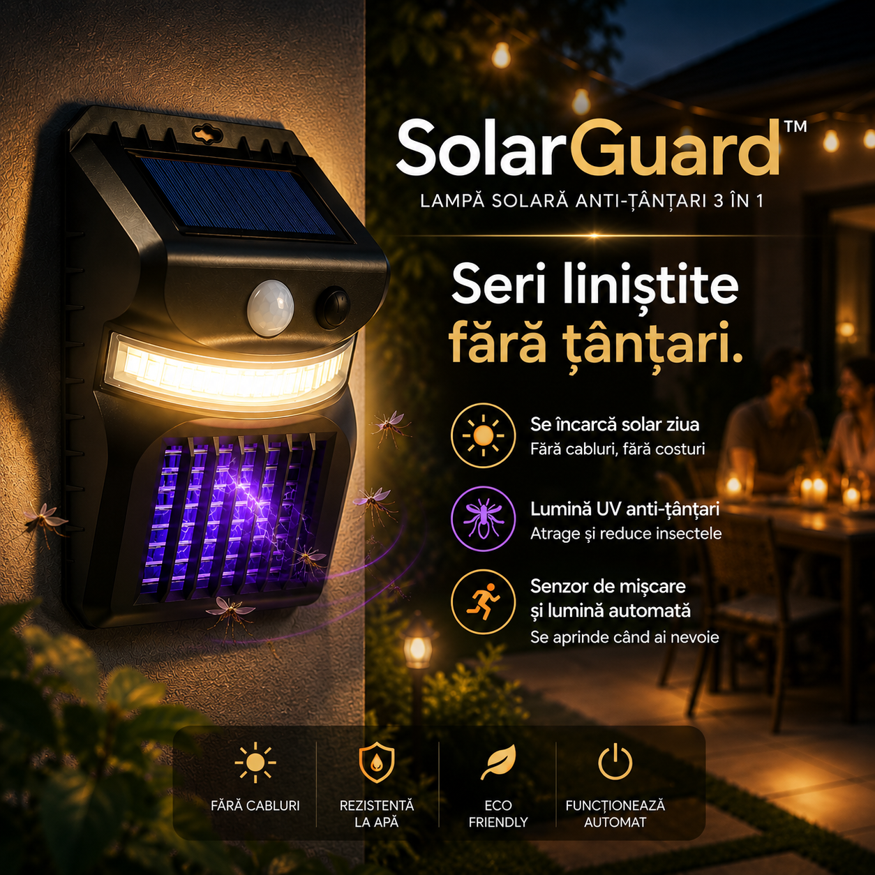 Lampă Solară Anti-Țânțari 3 în 1 – cu Senzor de Mișcare și Lumină UV