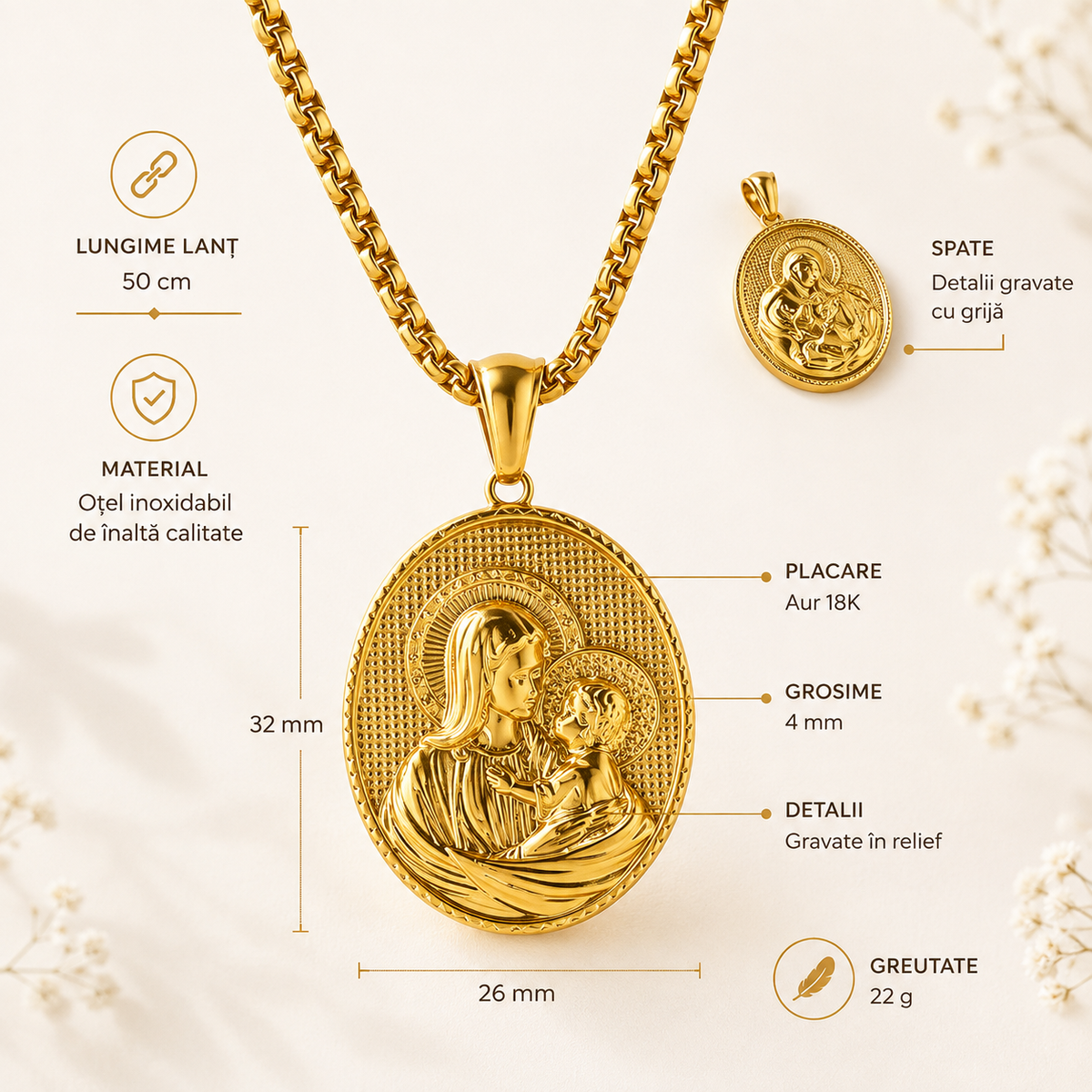 Lanț cu Fecioara Maria și Pruncul Iisus – Simbol al Credinței