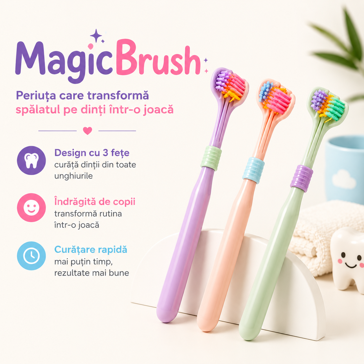 MagicBrush™ – Periuța cu 3 Fețe pentru Copii | Oferta 1+1 Gratuit